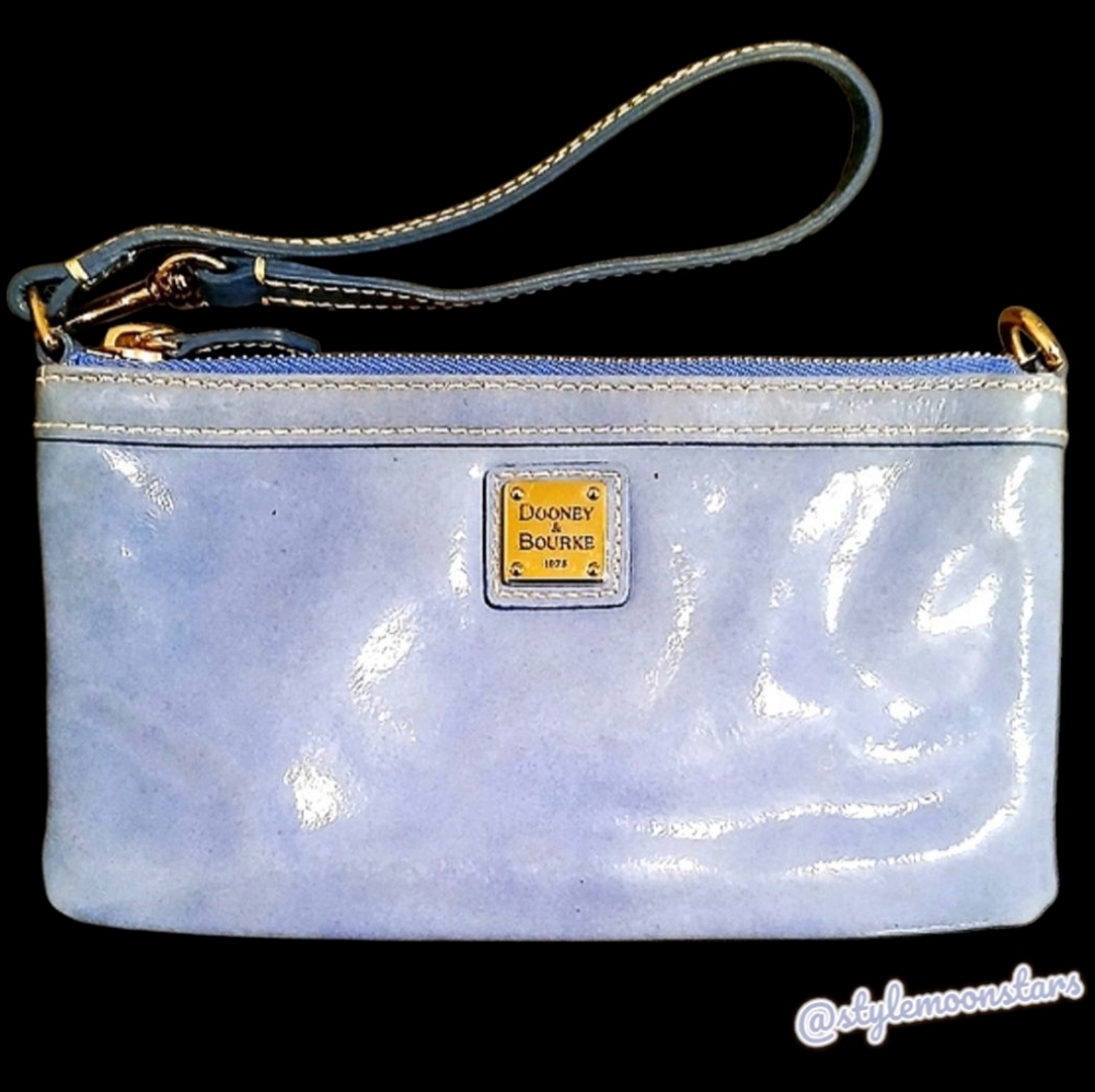 Dooney & Bourke Sky Blue Leather Handbag, Clutch, Wristlet with Gold Zipper